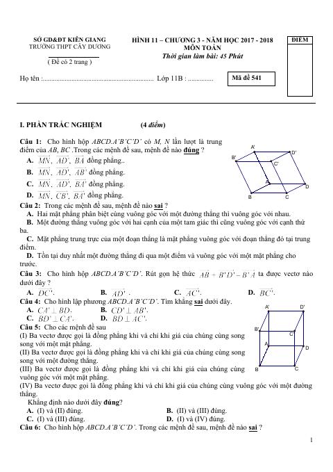 Đề kiểm tra Hình học 11 chương 3 năm 2017 – 2018 trường THPT Cây Dương – Kiên Giang (bản Word)